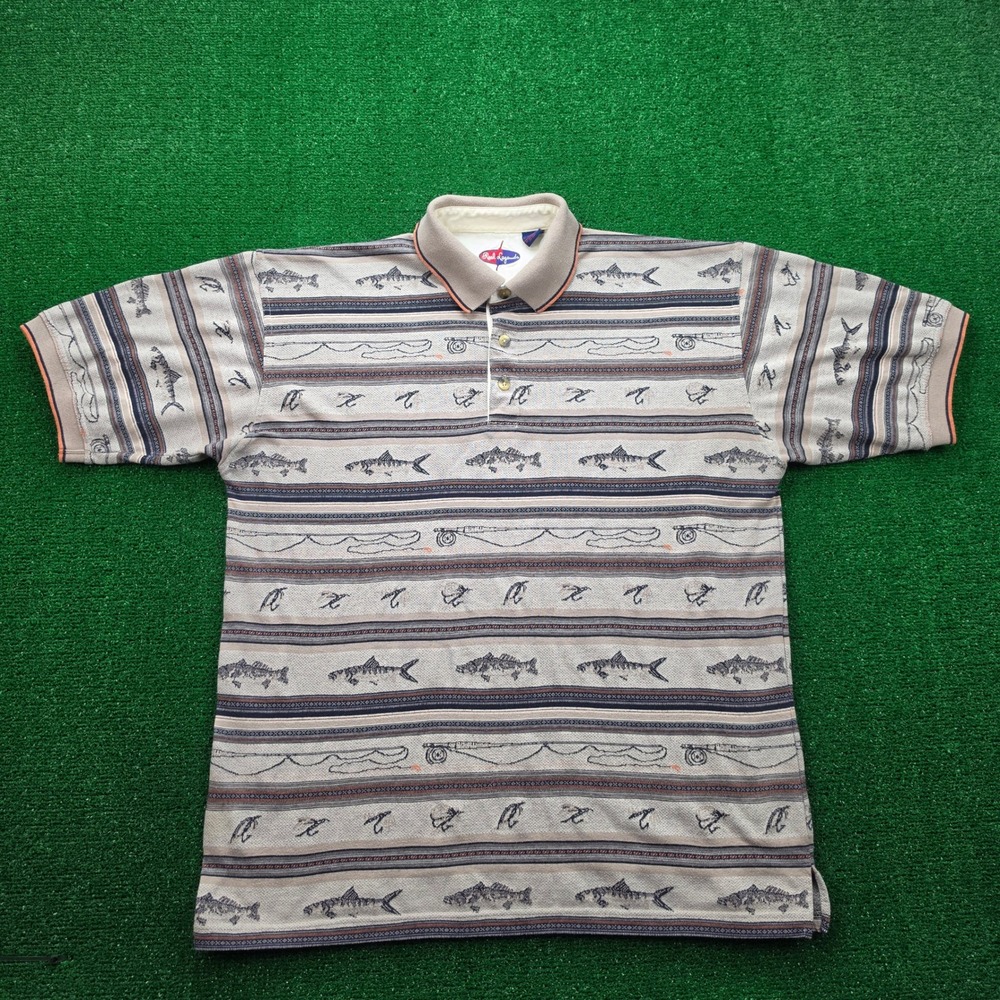 Vintage Reel Legends Fishing Motif Knit Polo Shirt Mens Large Fish Hook Print
